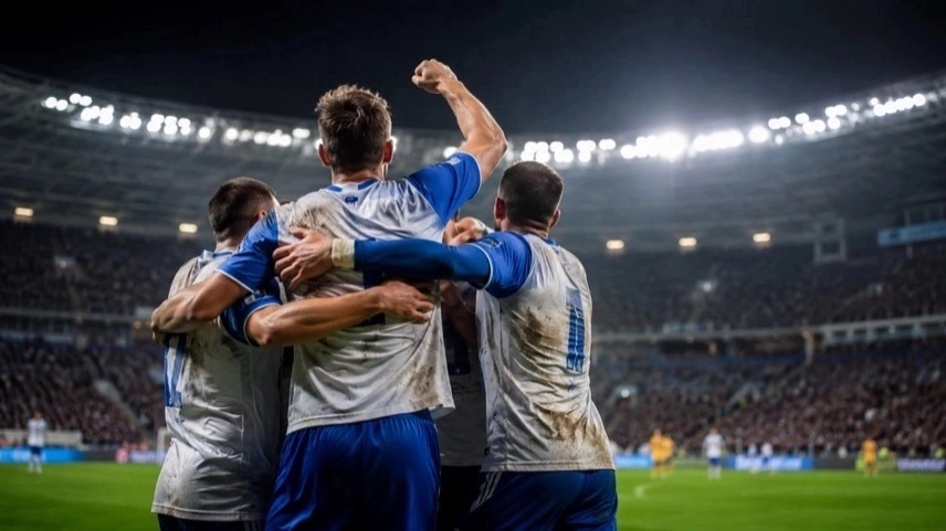 Spieler in blau-weißen Trikots nach einem Sieg im Fußballstadion während des Abstiegskampfs der 2. Bundesliga
