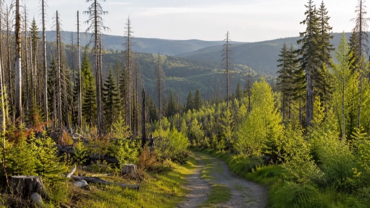 Junger Mischwald neben älteren Nadelbäumen im Nationalpark Harz mit Wanderweg und Informationstafeln