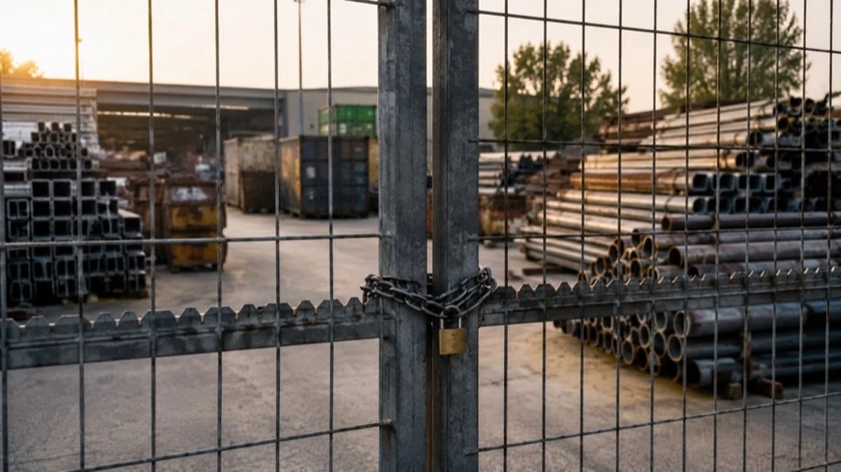Metalllager hinter Sicherheitszaun auf Industriegelände, Symbol für Metalldiebstahl, Ermittlungen und Polizeiarbeit