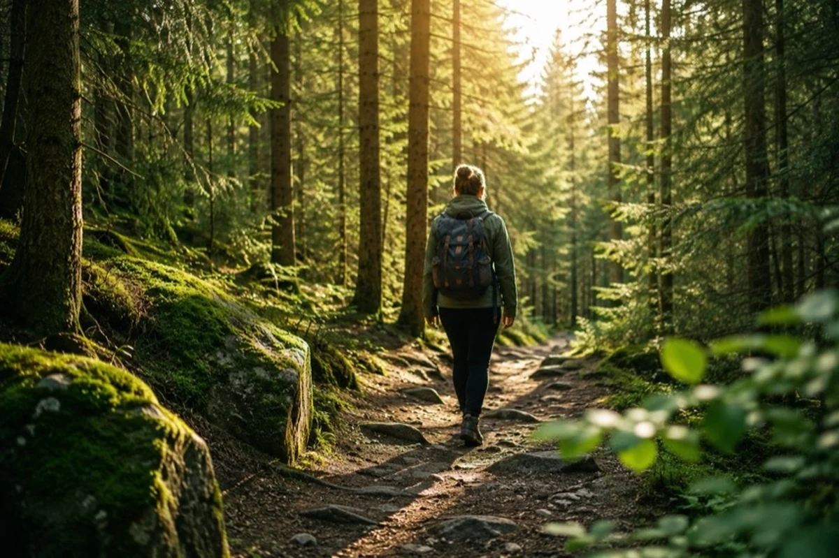 Eine einzelne Person geht auf einem ruhigen Waldweg durch einen dichten Mischwald im Harz, während Sonnenlicht zwischen den Bäumen auf den Wanderpfad fällt.
