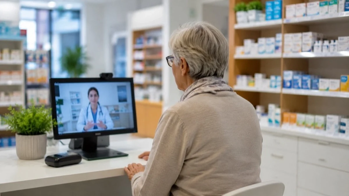 Ältere Person nutzt Videosprechstunde in einer Apotheke mit Bildschirm und Beratungsplatz für digitale Gesundheitsversorgung