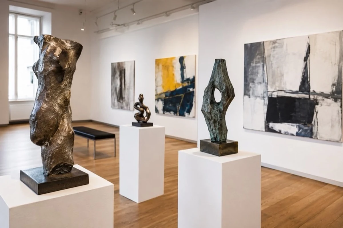 Heller Galerieraum mit abstrakten Gemälden an weißen Wänden und mehreren Bronzeplastiken auf Sockeln.