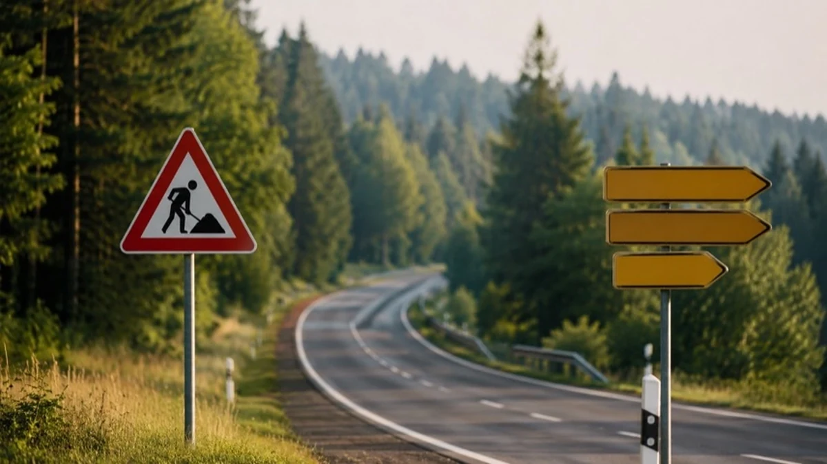 Landstraße in bewaldeter Mittelgebirgslandschaft mit Verkehrsschild zu Straßenbauarbeiten und Umleitungswegweisern