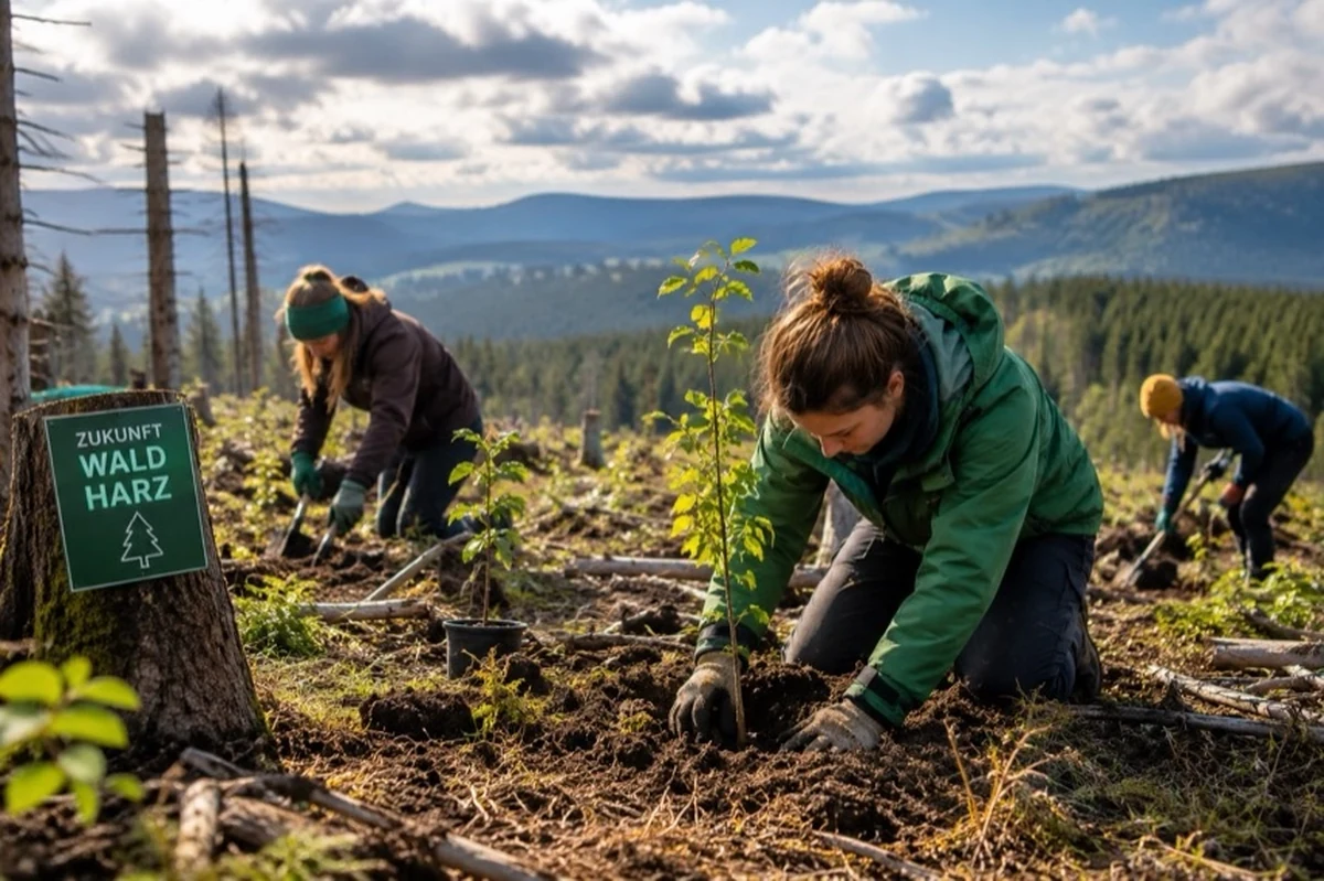 Mehrere anonyme Freiwillige pflanzen junge Laubbäume auf einer Waldfläche in einer Mittelgebirgslandschaft mit Mischwald im Hintergrund.