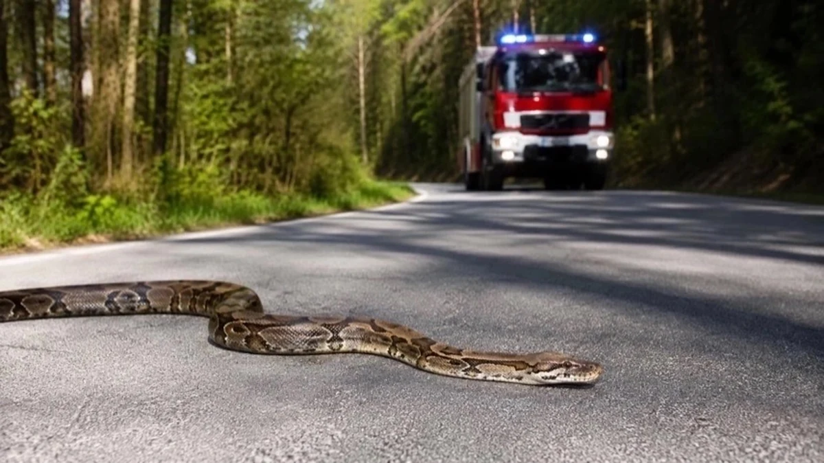 Würgeschlange auf Straße im Harz nahe Waldgebiet, Feuerwehrfahrzeug unscharf im Hintergrund sichtbar