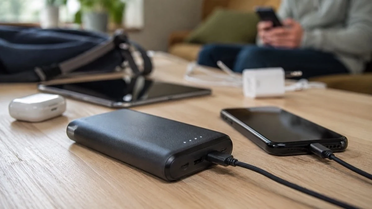 Powerbank und Smartphone auf einem Tisch mit Ladekabeln, Symbol für Lithium-Ionen-Akkus und Akkusicherheit