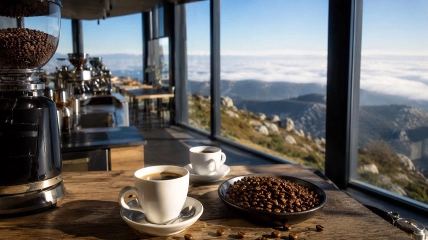 Modernes Café mit Kaffeebohnen und Aussicht auf den Brocken im Harz nahe geplanter Brockenrösterei