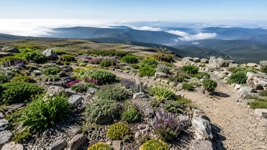 Brockengarten auf dem Brocken mit Hochgebirgspflanzen und alpinen Beeten im Nationalpark Harz
