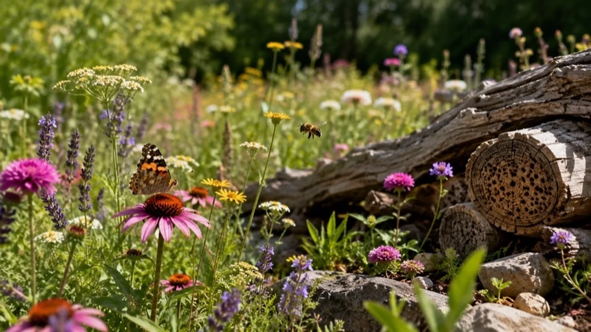 Naturnaher Garten mit Wildblumen, Totholz, Wildbienen und Schmetterlingen als Lebensraum für Insekten