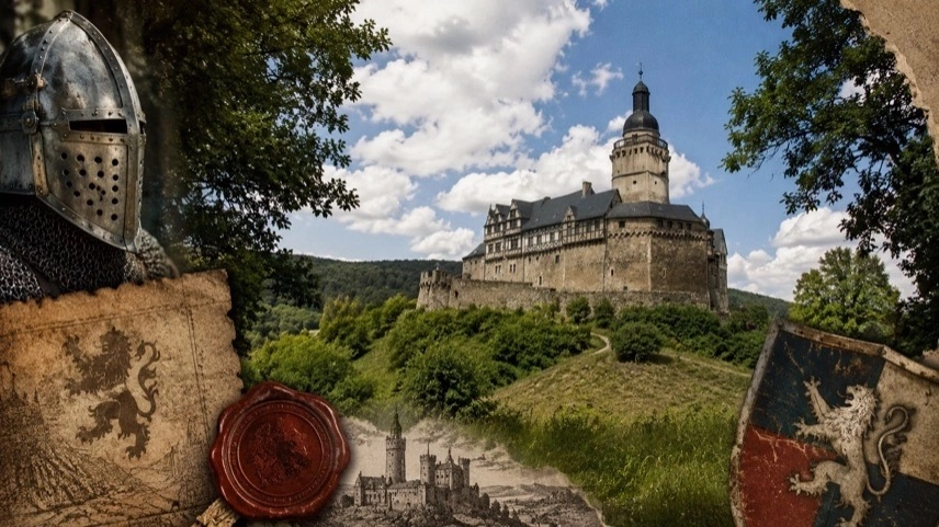 Historische Burganlage im Harz mit Ritterlagern und Marktständen beim Mittelalterspektakel auf Burg Falkenstein