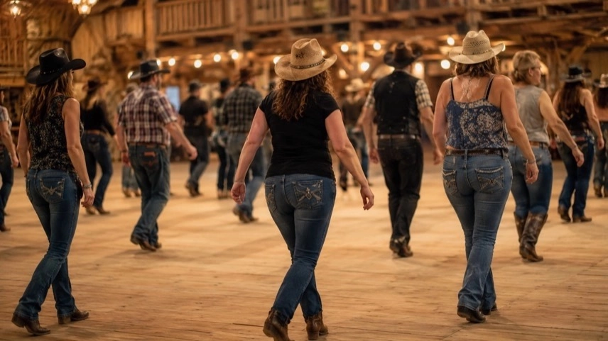 Menschen tanzen Line Dance in einer Westernhalle bei einer Country-Veranstaltung im Harz