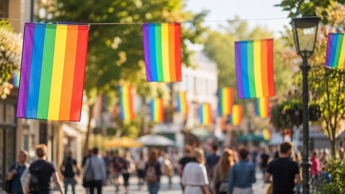 Bunte Fahnen für Vielfalt auf einem Marktplatz, Menschen in einer Kleinstadt beim Christopher Street Day im Harz