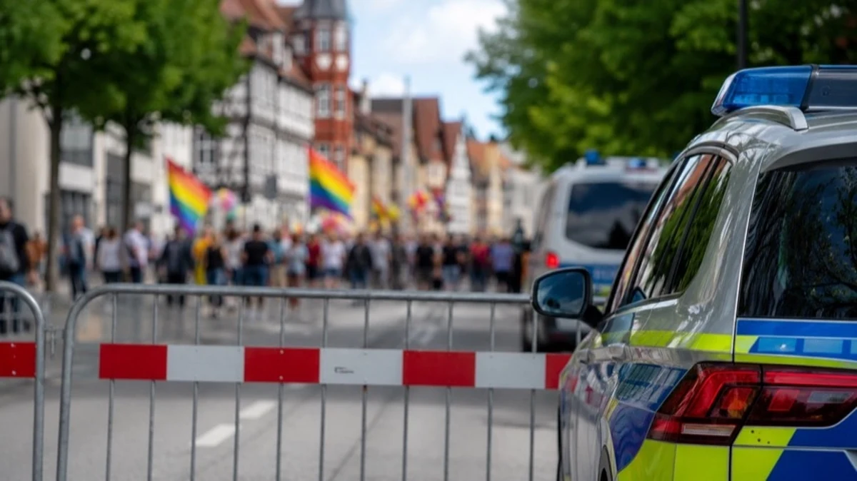 Abgesperrte Straße mit Polizeipräsenz und Demonstrationszug bei einem CSD in einer deutschen Innenstadt