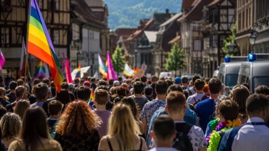 Menschen bei einer queeren Demonstration in historischer Innenstadt während des CSD Wernigerode im Harz