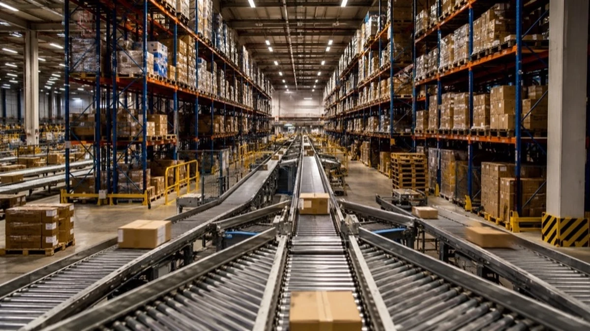 Moderne Logistikhalle mit Hochregallager, Fördertechnik und Warenpaletten für internationale Ersatzteilversorgung