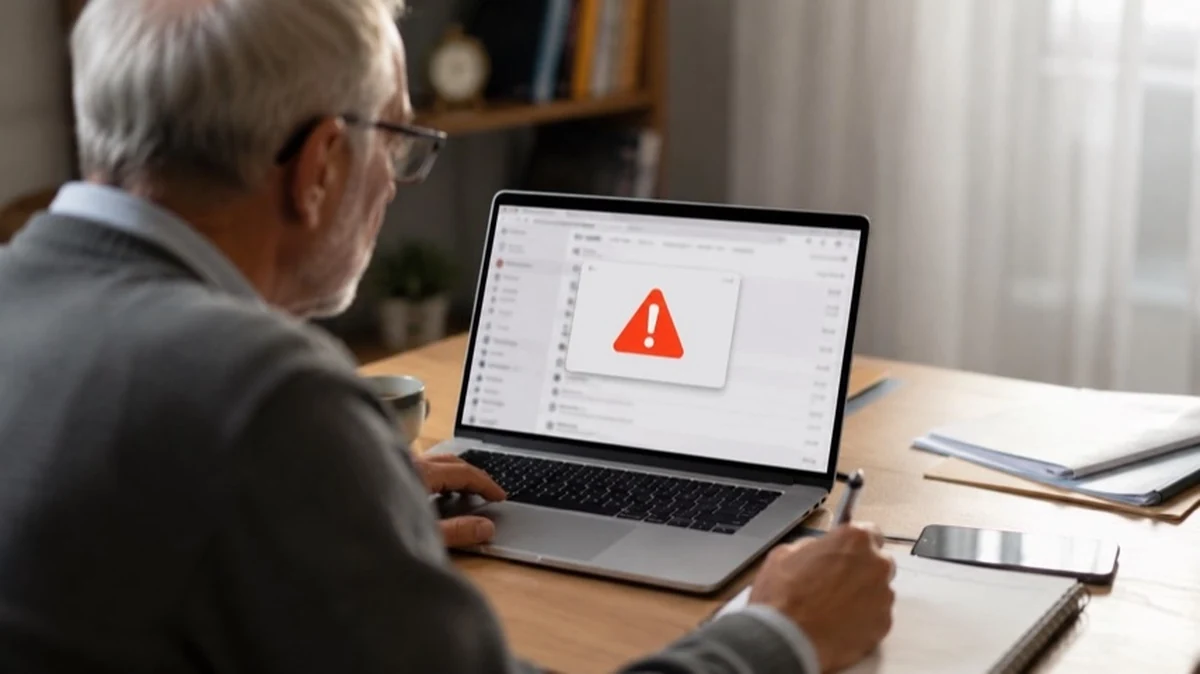 Ältere Person prüft verdächtige E-Mail auf Laptop neben Rentenunterlagen und Smartphone zum Thema KI-Betrug