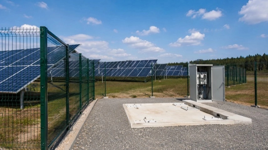 Solarpark mit Solarmodulen und leerem Technikbereich nach Diebstahl von Transformatoren im Landkreis Harz