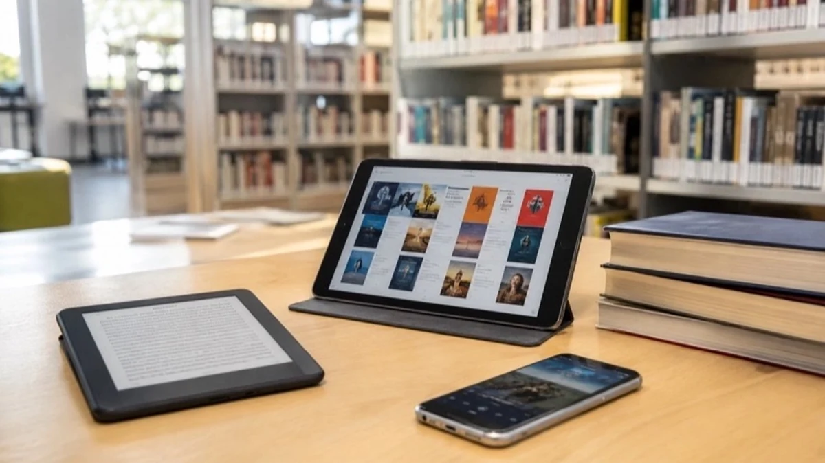 Tablet, E-Reader und Smartphone mit digitaler Bibliothek in moderner Bibliotheksumgebung der Stadtbibliothek Goslar