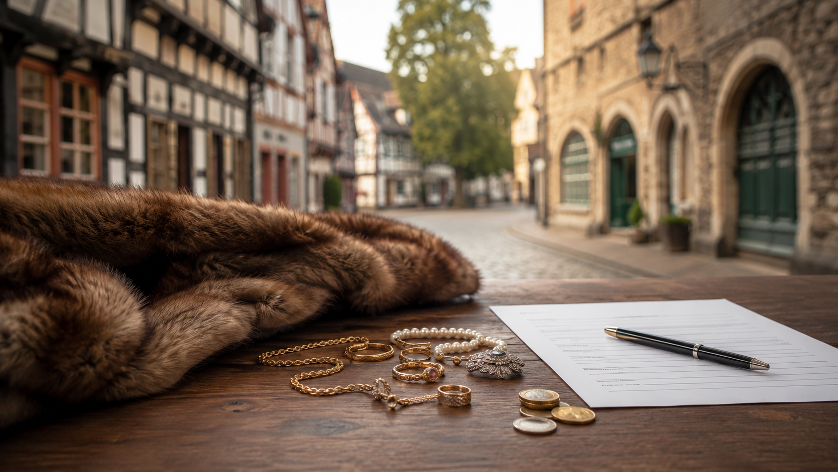 Alte Pelzstola, Schmuckstücke, Münzen und ein Formular liegen auf einem Tisch vor unscharfem Altstadthintergrund.