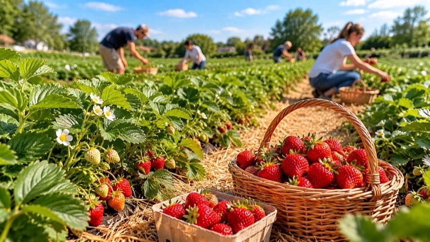 Menschen pflücken Erdbeeren auf einem Selbstpflückfeld in Sachsen-Anhalt zwischen reifen Erdbeerpflanzen
