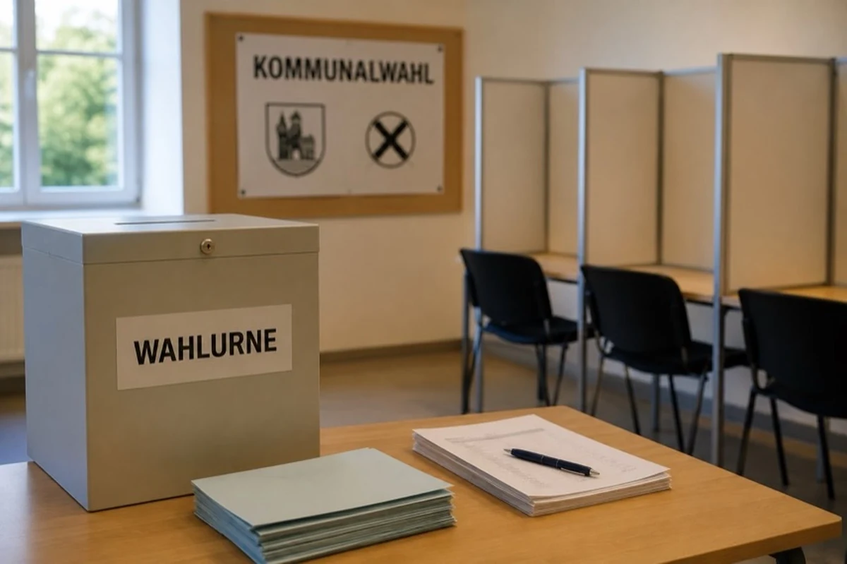 Eine neutrale Wahlurne, mehrere leere Wahlkabinen und ein Tisch mit Wahlunterlagen in einem hellen Wahlraum.