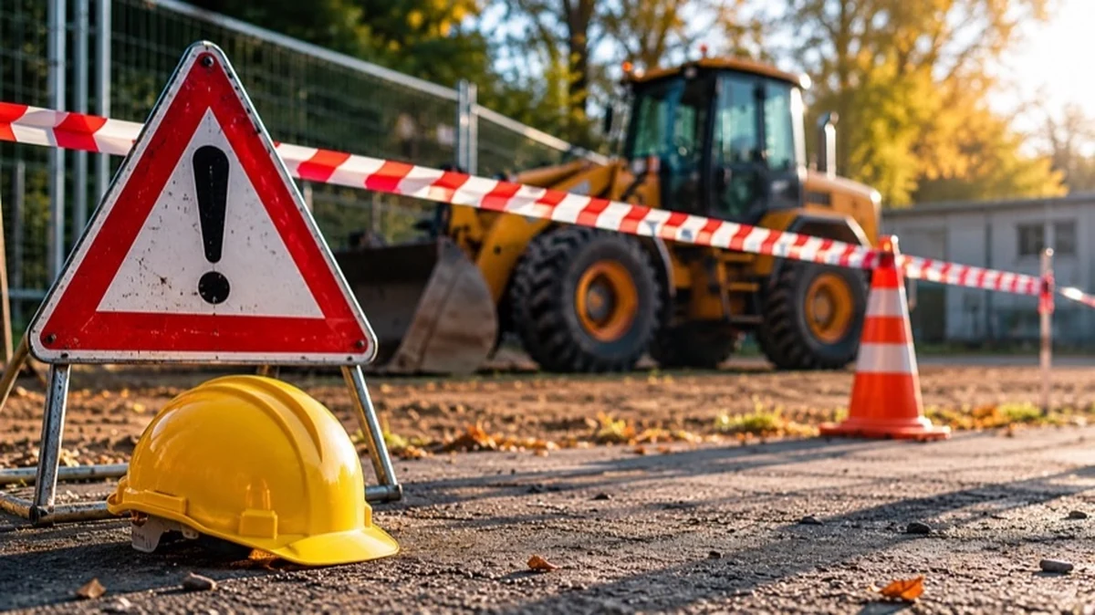 Abgesperrter Arbeitsbereich mit Baumaschine, Warnschild und Sicherheitsmarkierungen auf einem Betriebsgelände