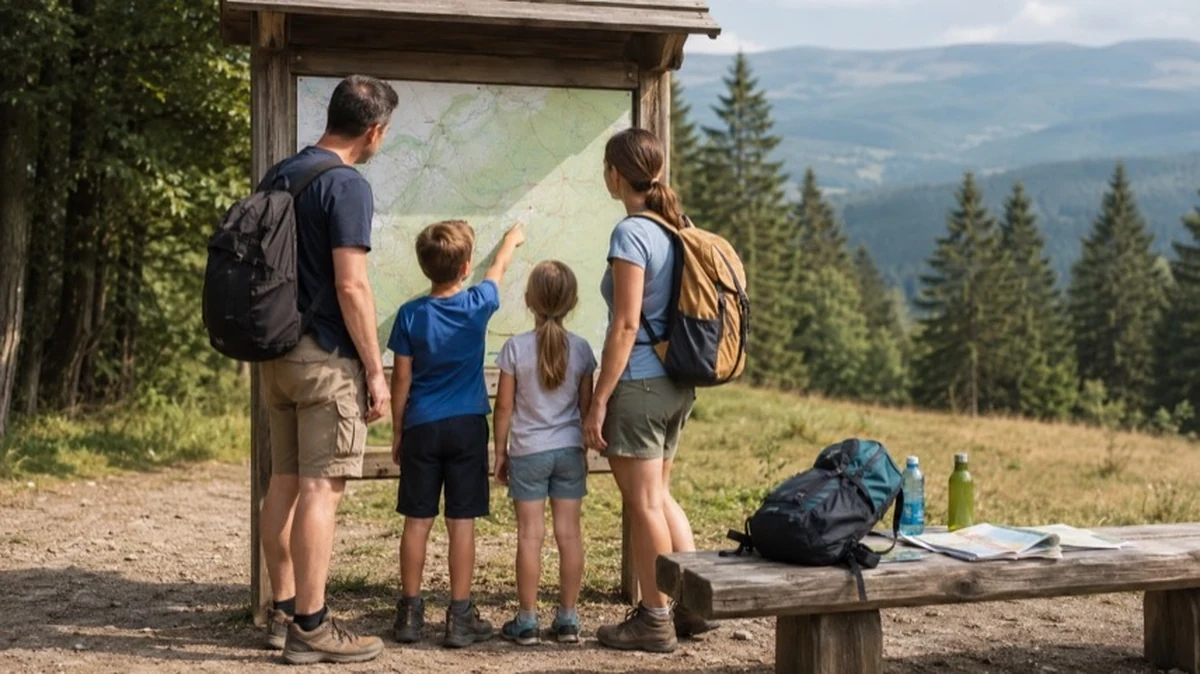 Familie plant Sommerferien im Harz an einer Infotafel mit Karte, Rucksack und Trinkflaschen