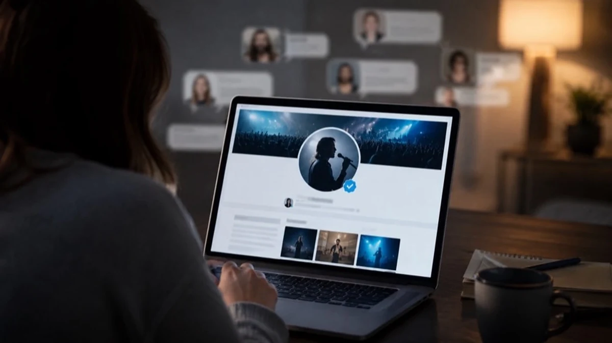 Person vor Laptop mit sozialem Netzwerk und gefälschtem Prominentenprofil als Symbol für Online-Betrug