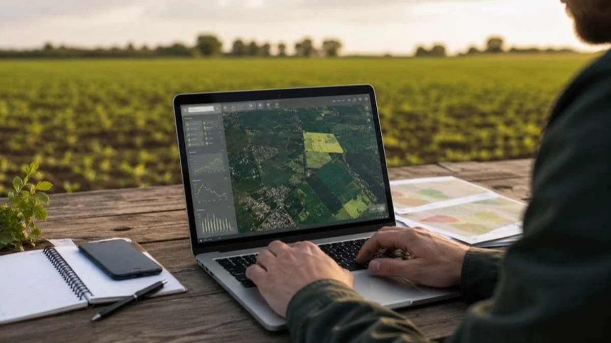 Laptop mit digitaler Flächenkarte, Geodaten und Wetterdaten für Landwirtschaft in Sachsen-Anhalt
