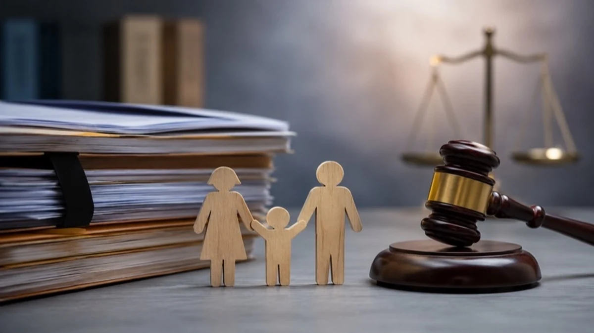 Abstrakte Gerichtsakte mit Justizsymbolen und neutralen Familiensymbolen zum Thema Gerichtsverfahren wegen mutmaßlicher Kindesvernachlässigung.