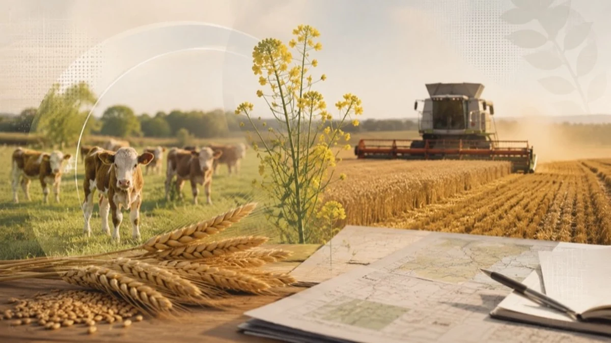 Symbolische Darstellung von Getreideähren, einer Weide mit Kälbern und landwirtschaftlichen Unterlagen zur Getreideernte.