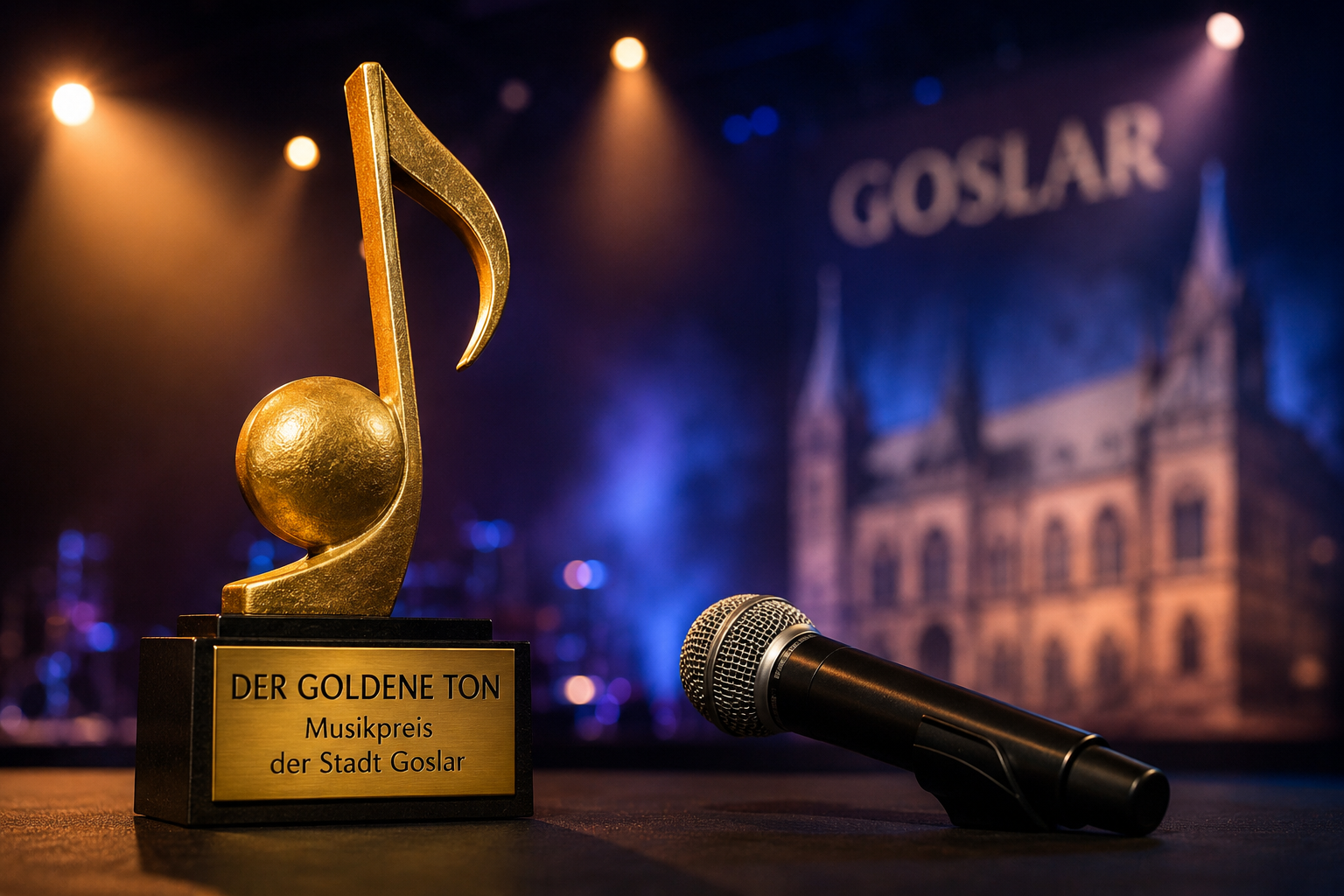 Goldener Musikpreis und Mikrofon auf einer beleuchteten Bühne als Symbolbild für eine Auszeichnung in Goslar.