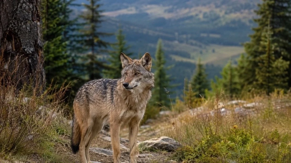 Goldschakal am Waldrand im Harz mit dichter Waldlandschaft und Mittelgebirge im Hintergrund