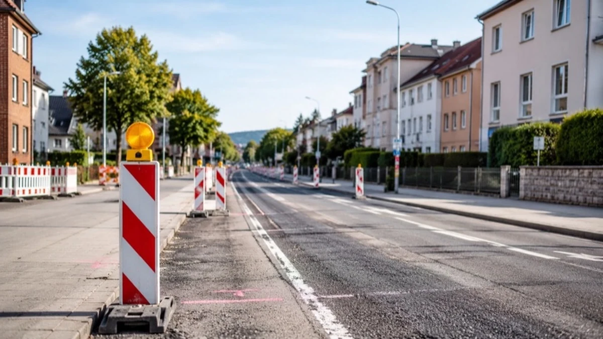 Innerstädtische Straße mit Fahrbahn, Gehweg und Baustellenabsperrungen als Symbol für den Umbau der Berliner Allee in Goslar