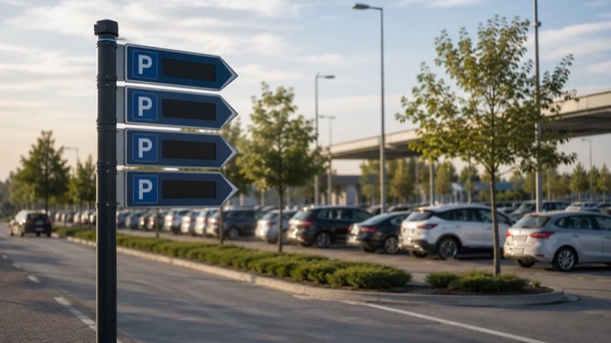 Digitale Parkplatzanzeige und Parkfläche mit Fahrzeugen als Symbol für Parkleitsystem und Park-and-Ride-Angebote