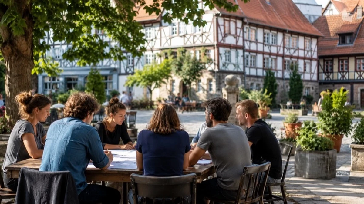 Menschen auf einem Platz in der Goslarer Altstadt diskutieren kreative Ideen zur Stadtentwicklung und Bürgerbeteiligung.