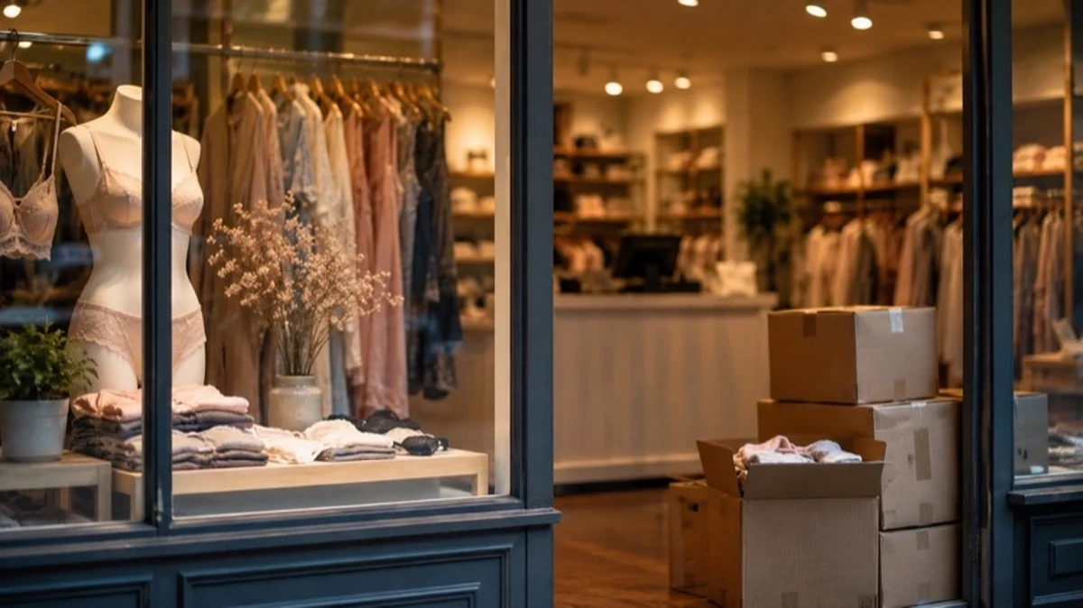 Schaufenster eines traditionellen Fachgeschäfts mit Wäscheartikeln und leerer Verkaufstheke als Symbol für Einzelhandel in Goslar