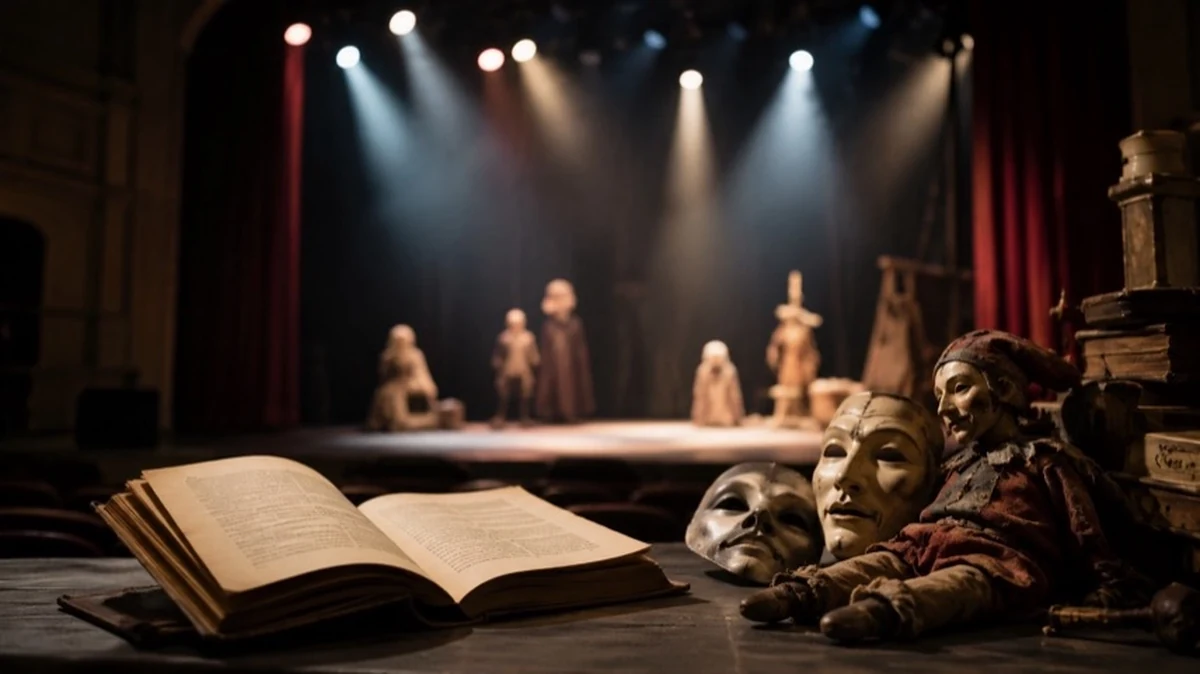 Leere Theaterbühne mit Buch, Requisiten und Theaterfiguren als Symbol für Literaturtheater und Kleinkunstfestival