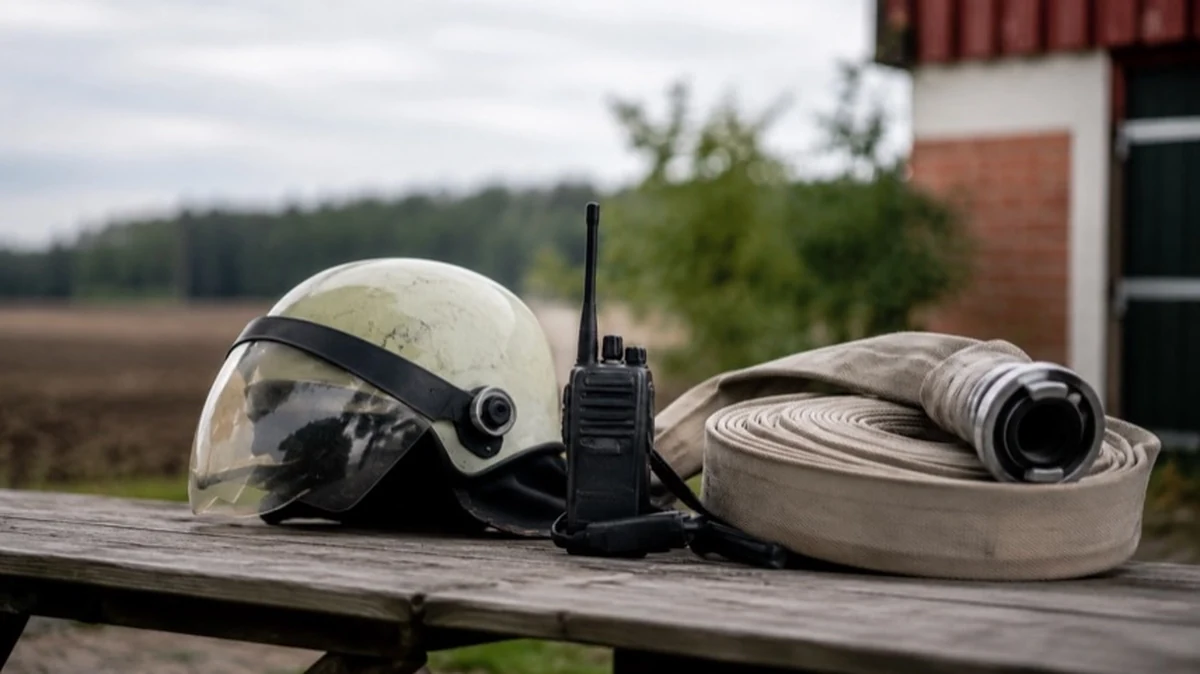 Feuerwehrhelm, Funkgerät und Löschschlauch in ländlicher Umgebung als Symbol für Feuerwehreinsatz im Harz