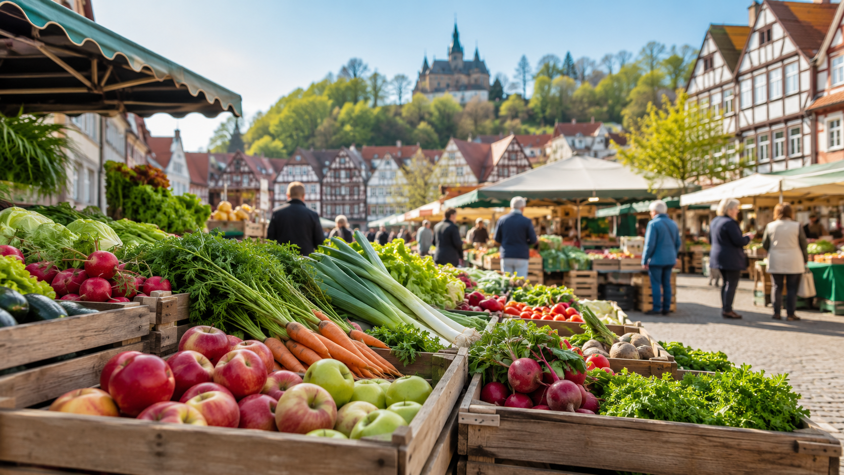 Obst- und Gemüsekisten an einem Wochenmarktstand in einer kleinstädtischen Umgebung