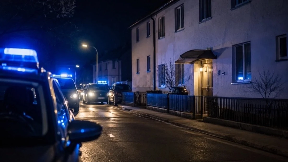 Polizeifahrzeuge bei nächtlicher Drogenrazzia vor Wohnhaus in kleiner Stadt während Ermittlungen gegen Drogennetzwerk