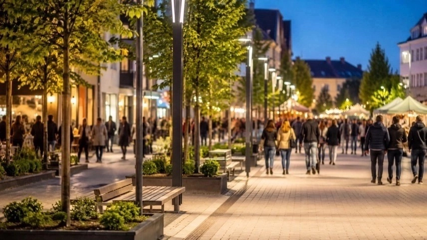 Neugestalteter Breiter Weg in Halberstadt mit Grünflächen, Sitzbereichen und Besuchern bei einem Innenstadtfest