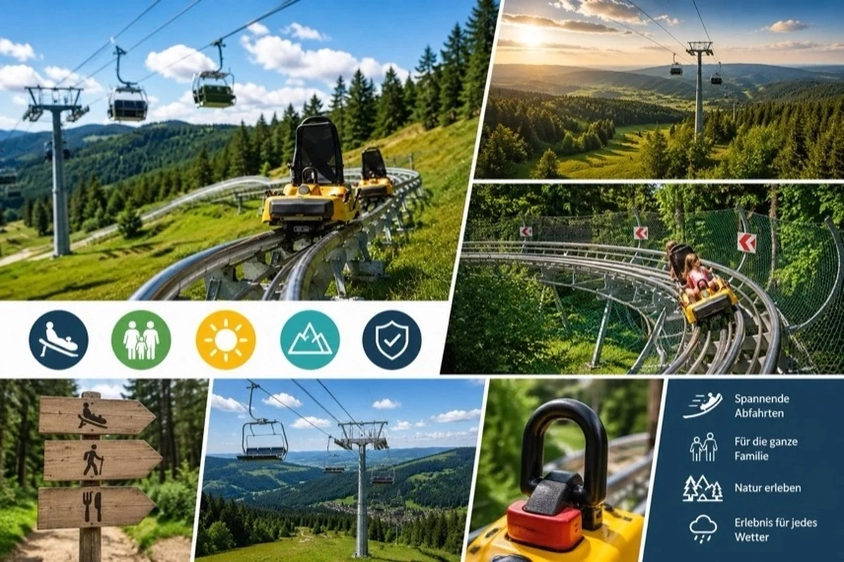 Sommerrodelbahn im Harz mit Schienenstrecke, Sessellift und bewaldeter Landschaft an einem sonnigen Tag