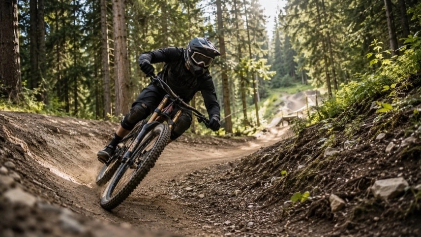 Mountainbike-Strecken und Liftanlagen in einem Bikepark im Harz zwischen bewaldeten Hängen und Flowtrails