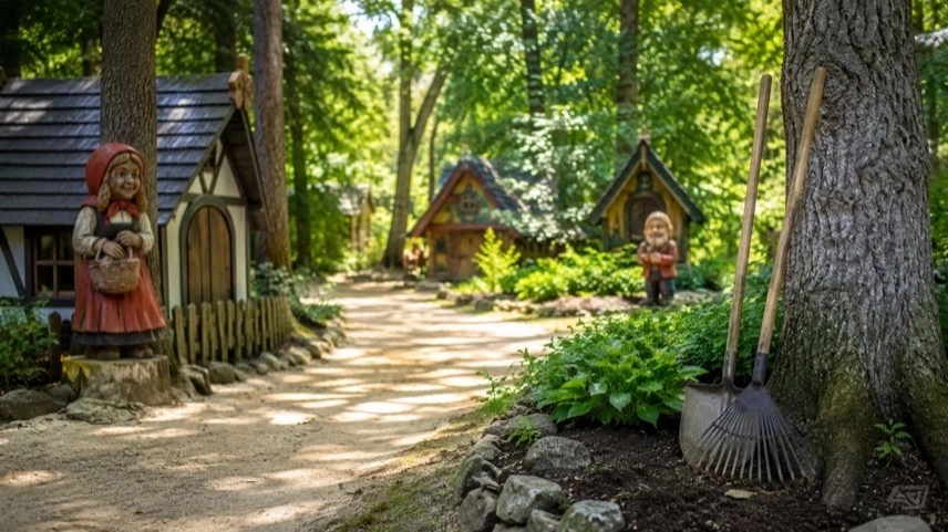 Waldweg mit Märchenhäusern im Märchental Bad Grund im Harz, umgeben von Bäumen und gepflegten Grünanlagen