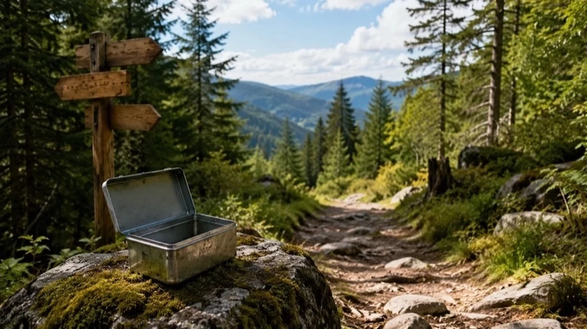 Metallbox an einem Waldweg im Harz zwischen Wanderpfaden und Fichtenlandschaft bei einer Familienschatzsuche