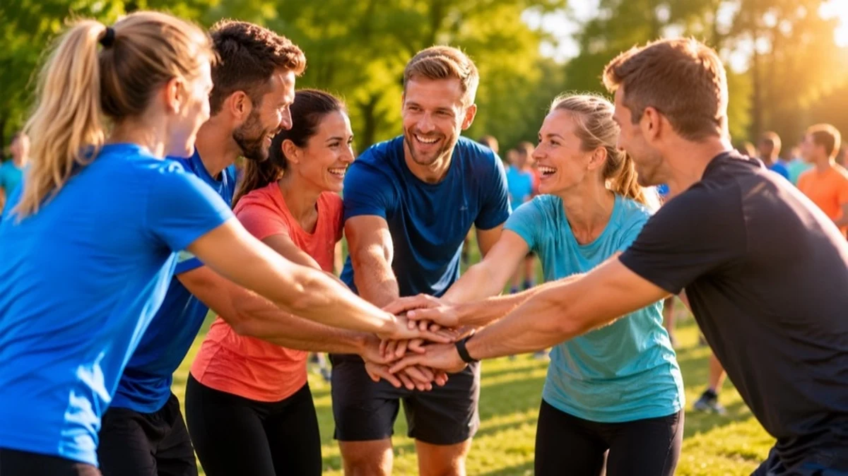 Gruppe von Menschen in Sportkleidung bei gemeinsamer Laufvorbereitung auf einer Parkwiese für einen Firmenlauf