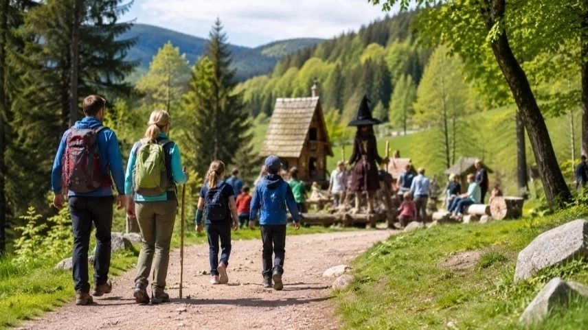 Familien auf Wanderweg am Harzer-Hexen-Stieg in Osterode mit Festbereich und Frühlingslandschaft im Harz