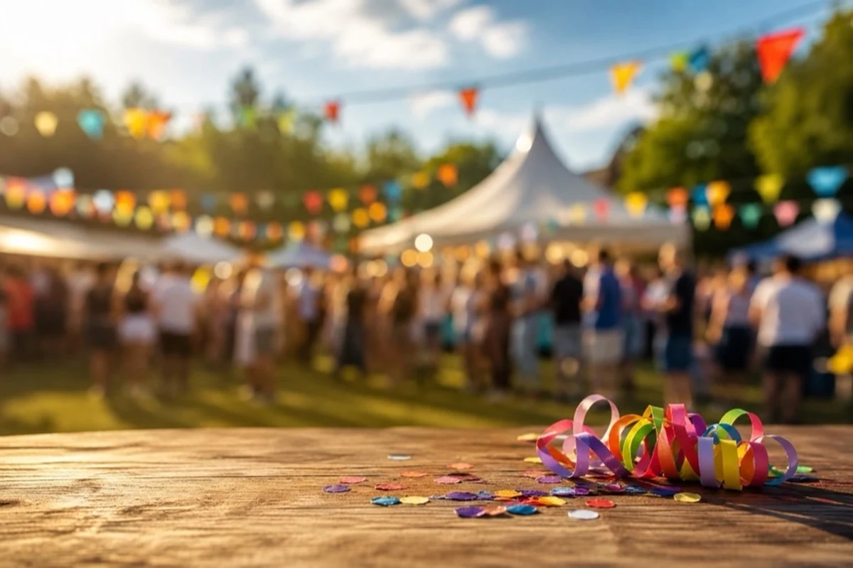 Sommerlicher Festplatz im Harz mit Bühne, Ständen, Wimpeln und bewaldeten Hügeln im Hintergrund