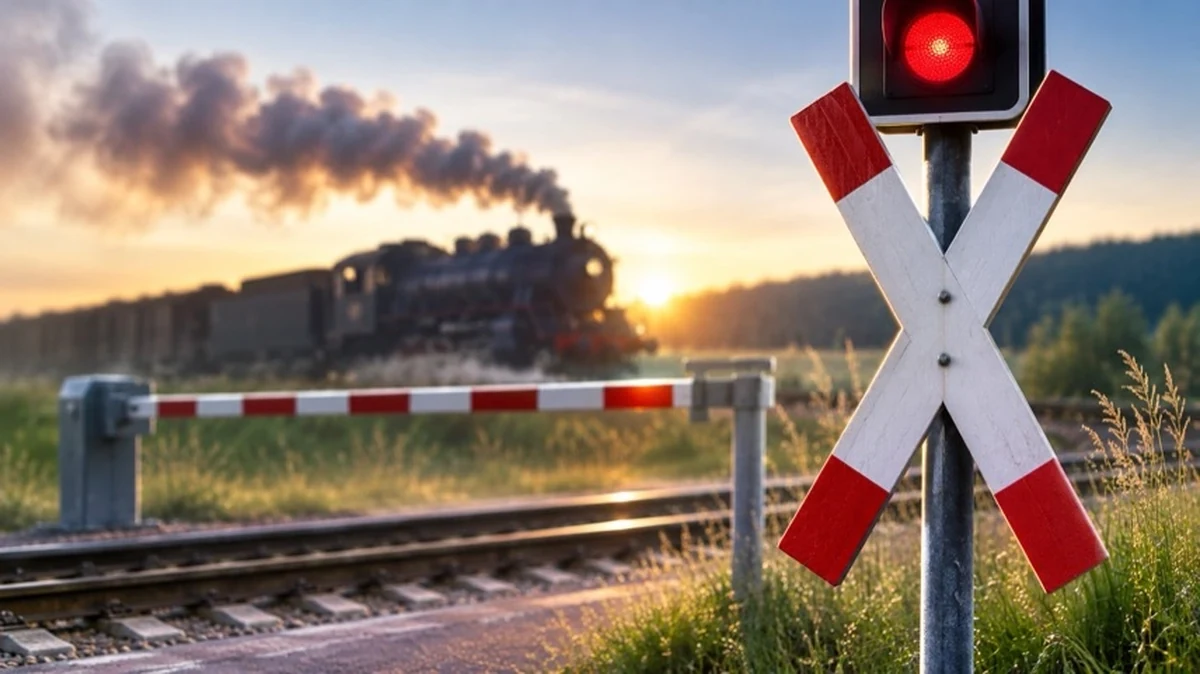 Stilisierter Bahnübergang mit Bahngleisen und Warnsymbol als Darstellung zum Thema Harzquerbahn und Bahnübergang.